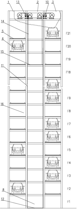 一种两套升降台车装置的垂直升降类停车设备